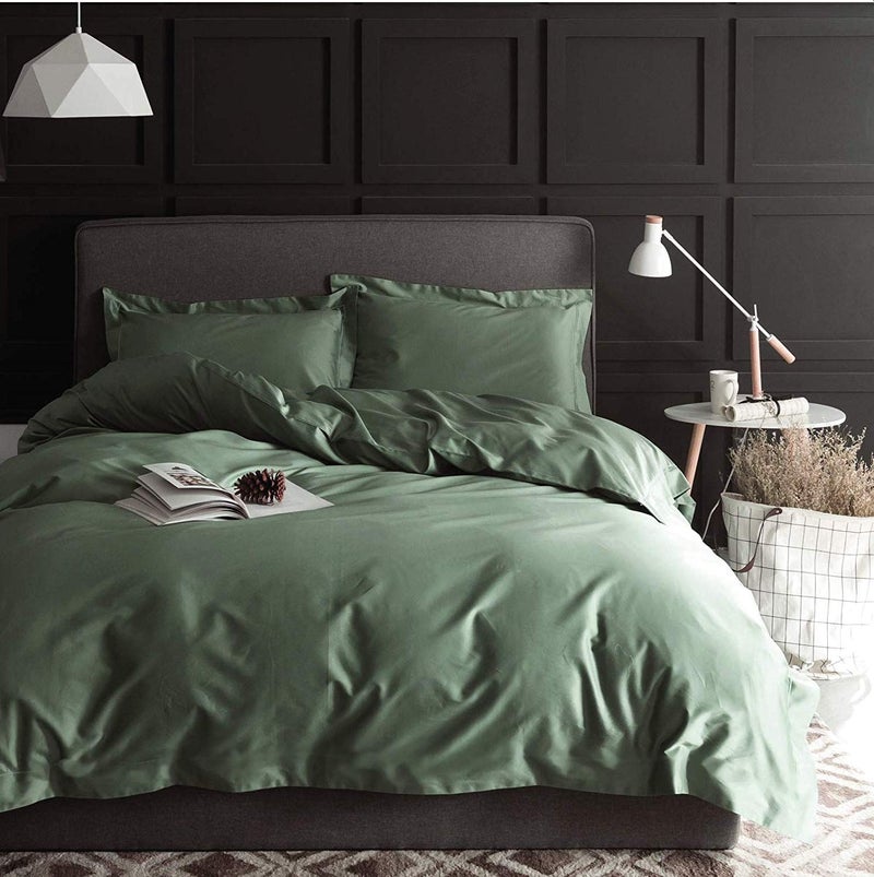 Eikei Solid Color Egyptian Cotton Duvet Cover Luxury Bedding Set High Thread Count Long Staple Sateen Weave Silky Soft Breathable Pima Quality Bed Linen (Woodland Green, Queen) - Image 3